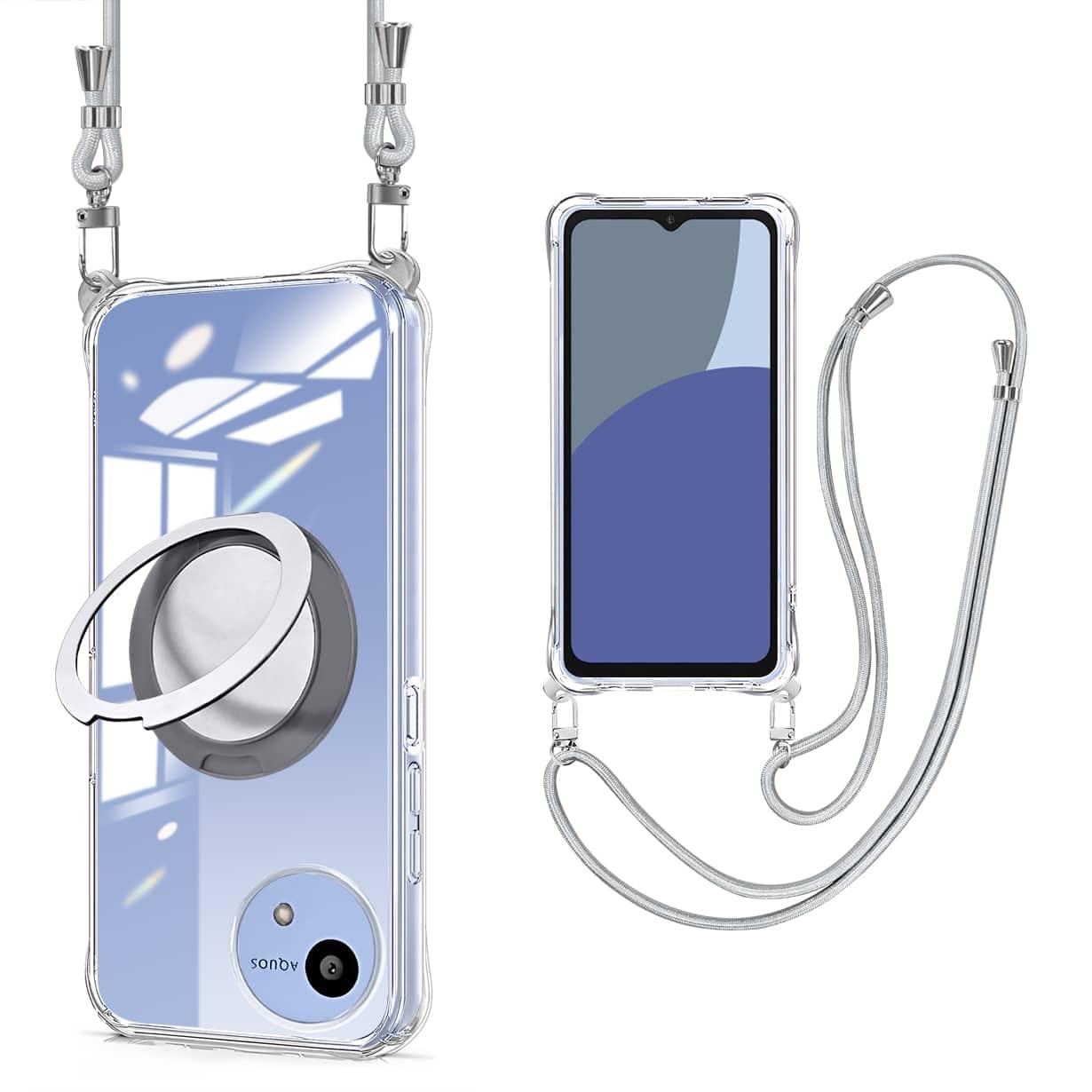 AQUOS wish5 ケース クリア リング付き ショルダー wish5 ケース MagSafe対応 aquos ウィッシュ5 カバー 縦横両対応 TPU 透明 耐衝撃 肩掛け 斜めかけ 縄掛け スタンド機能 360°回転 縦横両対応 紐付き 斜めがけ 織りストラップ付き ネックストラップ 紛失防止(縄掛け-シルバー）