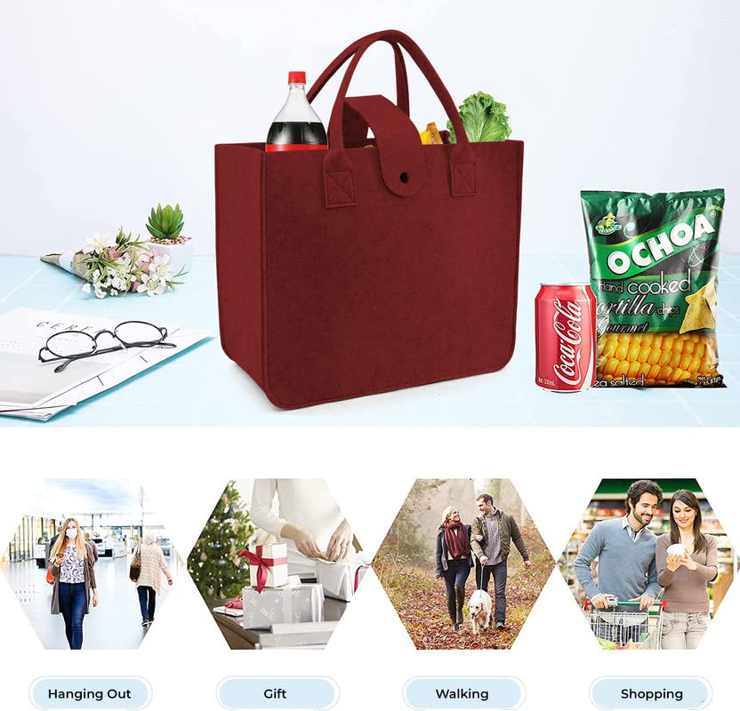 Image of Felt Fabric Reusable Shopping Bag with Handle & Button Closure for Grocery, School, Beach, Travel, Study, Gym, Gifts | Size - 30x34.5x17.8cm