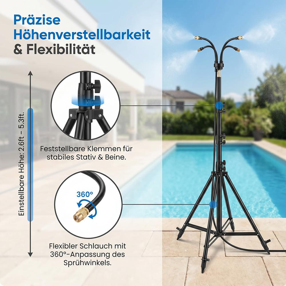 Wassernebel Kühlung Terrasse - Höhenverstellbarer Sprühnebel Terrasse mit 8m Schlauch & Messingnebeldüsen - Tragbarer Wasserzerstäuber für Garten, Balkon & Outdoor Abkühlung (1Pc)