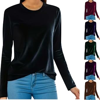 Velvet Tops for Women 2026 Fall Fashion Shirts Crewneck Long Sleeve Holiday Velour Shirt Ladies Dressy Casaul Blouse