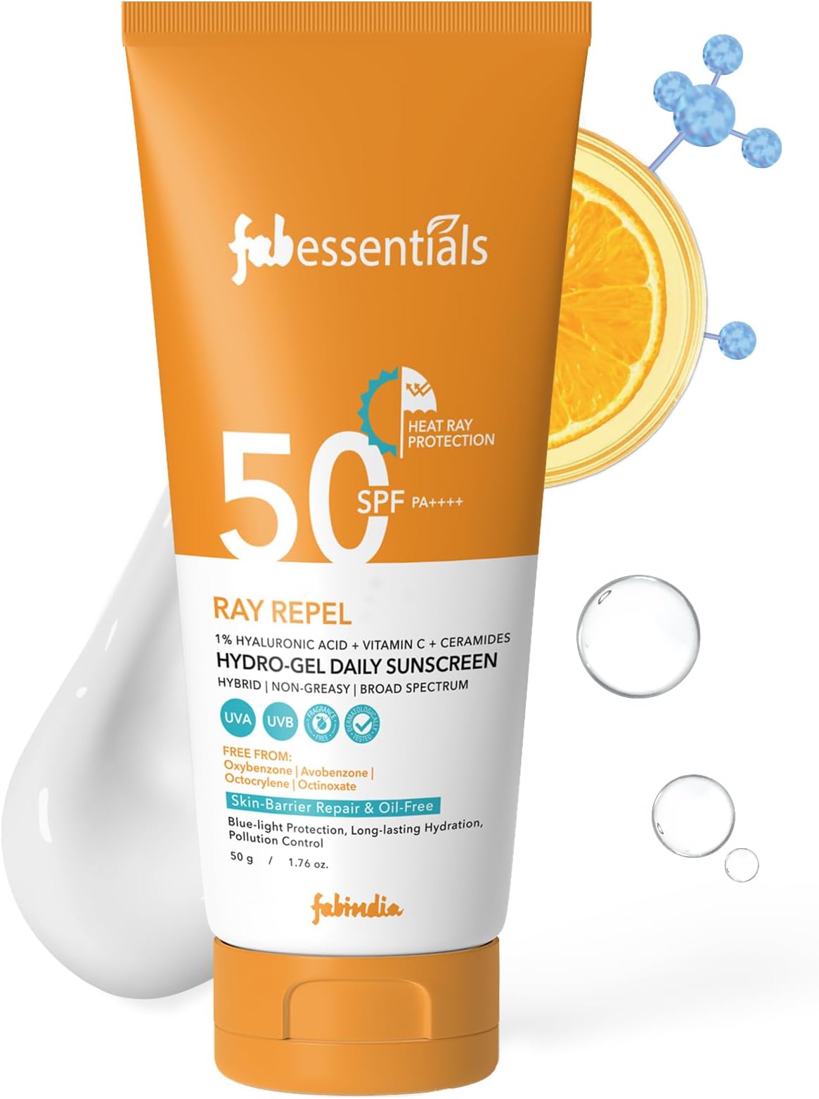 Fabessentials Hyaluronic Acid & Vitamin C Ray Repel Hydro-Gel Daily Sunscreen SPF 50| Broad Spectrum UVA/UVB | Lightweight , Water Resistant , No White Cast, Non-Greasy Finish | Suitable for All Skin Types | 50g