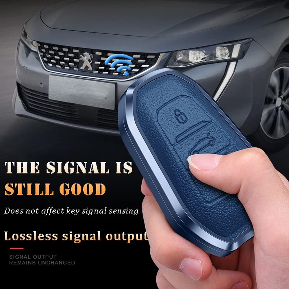 HIBEYO Alloy Leather Texture Car Key Fob Cover with Keychain fits for Peugeot Citroen Picasso Elysee 308 407 3085 5008 C3 DS5 DS6 Car Key Case Cover Jacket Smart Remote Car Key Holder 3 Button White