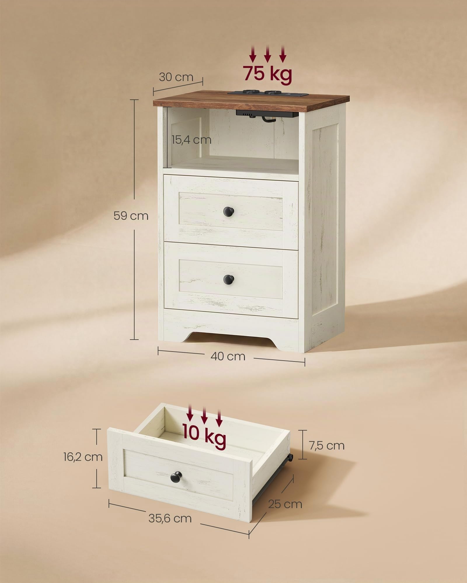 VASAGLE Comodino, con Prese e Porte USB, con 2 Cassetti, 40 x 30 x 59 cm