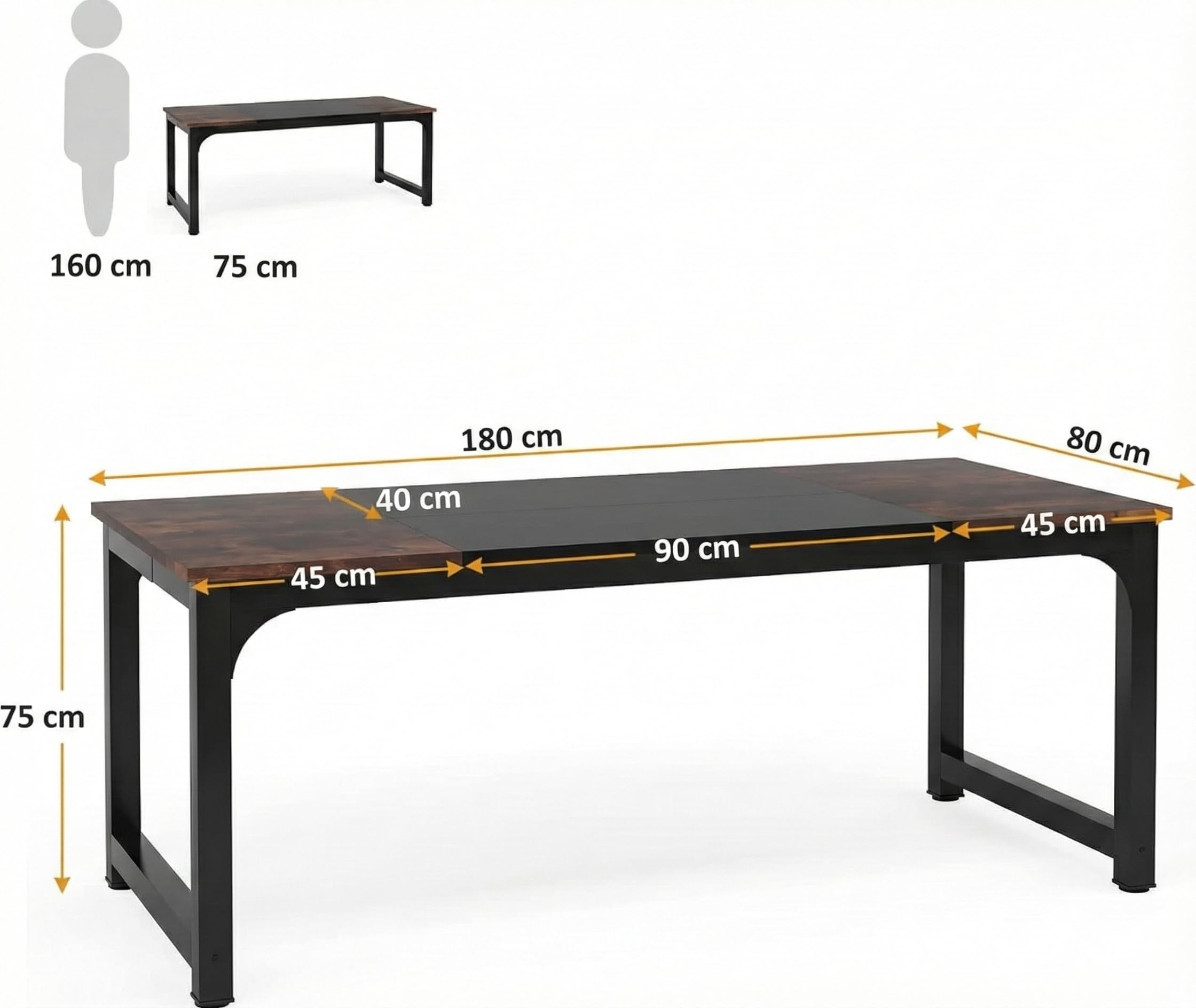 Lailang 180cm Escritorio, Mesa Escritorio Grande, Mesa Portatil Ordenador, Mesa Oficina Despacho, Escritorio 180x80, 180 x 80 x 75 cm, Rustic Brown/Black