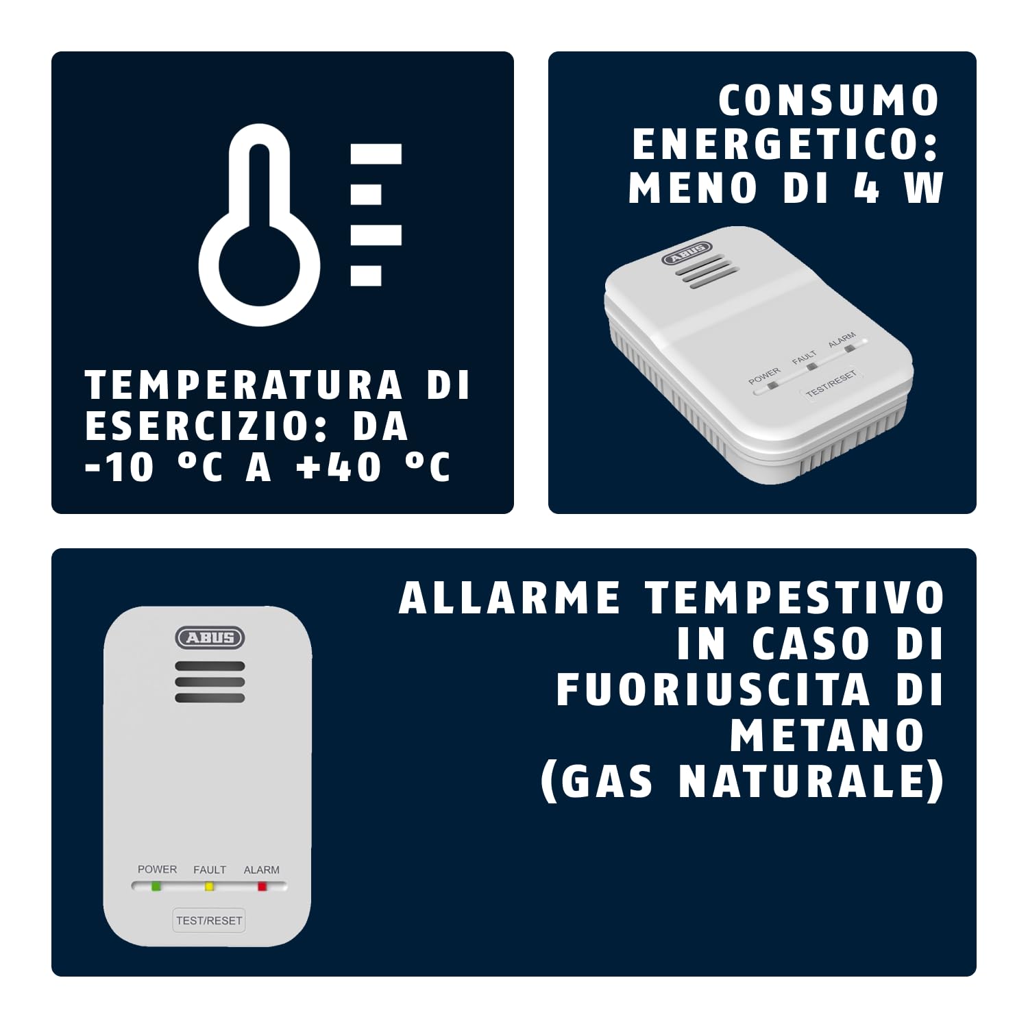ABUS Rilevatore di Gas GWM100ME - Metano, Gas Naturale, Allarme 85 dB | Alimentazione AC 220-240 V, segnale fine vita 5 anni, certificato EN50194-1:2009, pulsante di test integrato