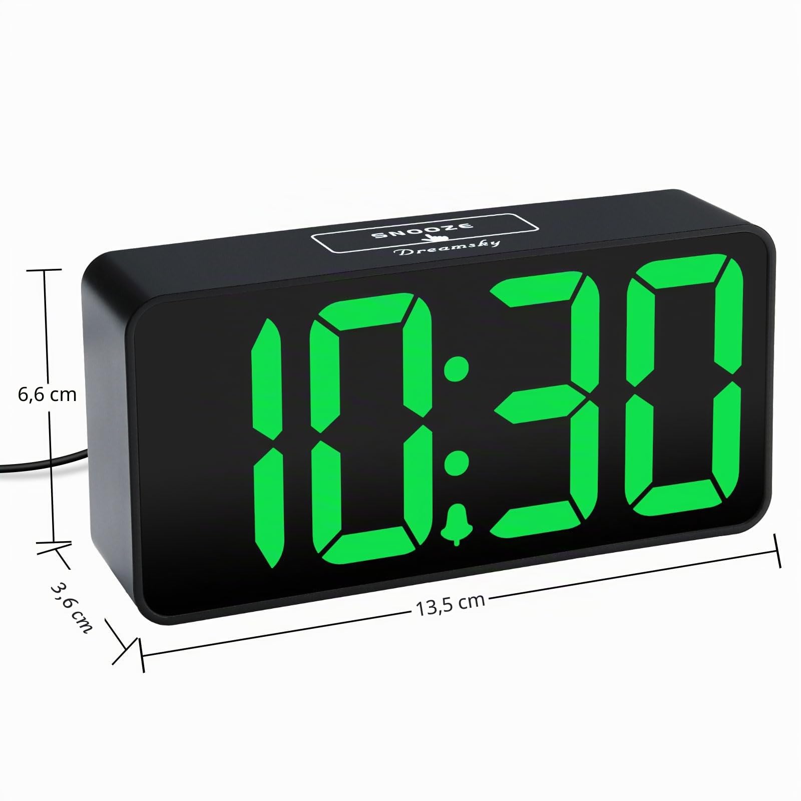 DreamSky Petit réveil numérique pour chambre à coucher, grand écran à grands chiffres avec variateur de luminosité, horloge de chevet électrique avec port de charge USB, volume d'alarme réglable