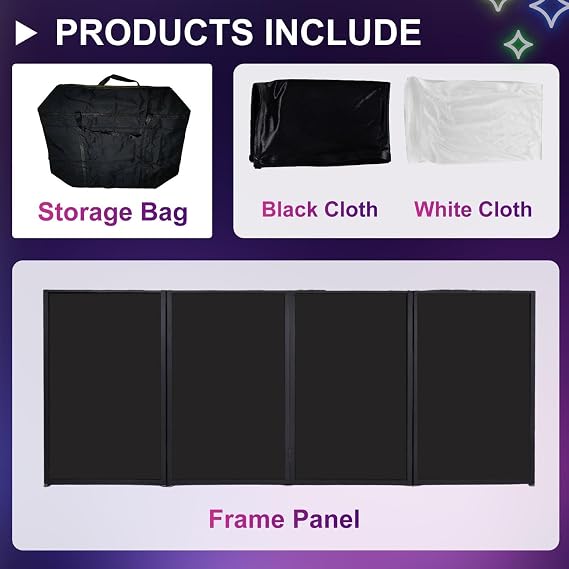Portable DJ Facade Booth 40x20 Foldable Metal Frame, Black & White Lighting Scrims, Adjustable Feet, DJ Controller Stand & Table Station with Carry Case