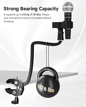 Gooseneck Microphone Stand, Adjustable Microphone Holder with 2 Universal Mic Clips, Gooseneck Mic Stand with 3/8-16 Adapter for Recording Studio, Live Streaming, Podcast and Broadcasting