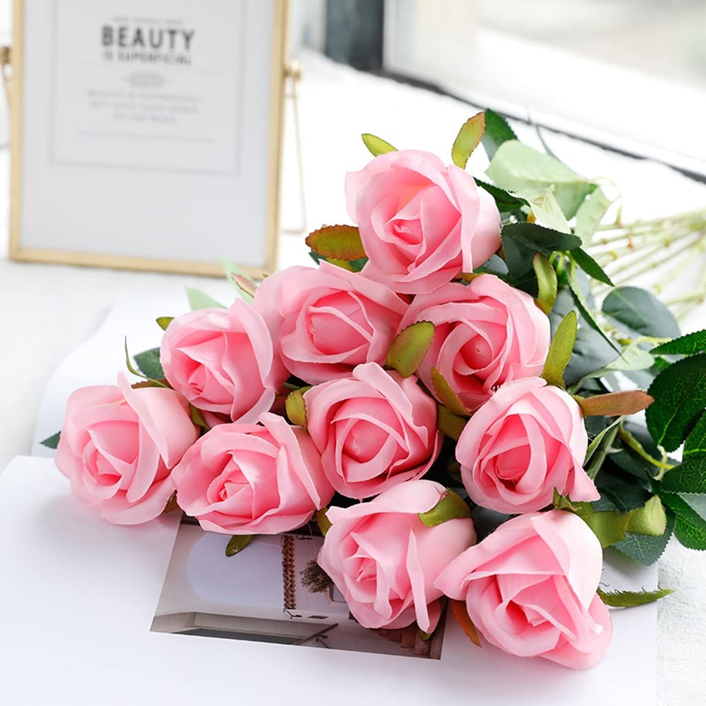 Fiori Artificiali 10 Rose finte a Stelo Lungo Singolo, Bouquet da Sposa, Composizione Floreale, centrotavola per Matrimoni, Decorazioni per la casa, DQ Finto