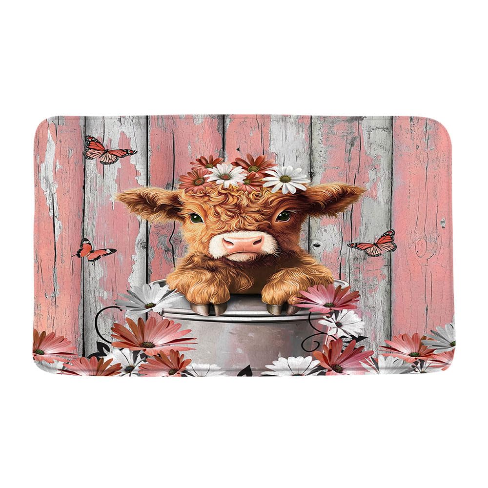 VPUPCN Funny Highland Cow Bath Mat Farm Pink Daisy Floral Rustic Western Farmhouse Animal Calf Country Wooden Board Microfiber Memory Foam Bathroom