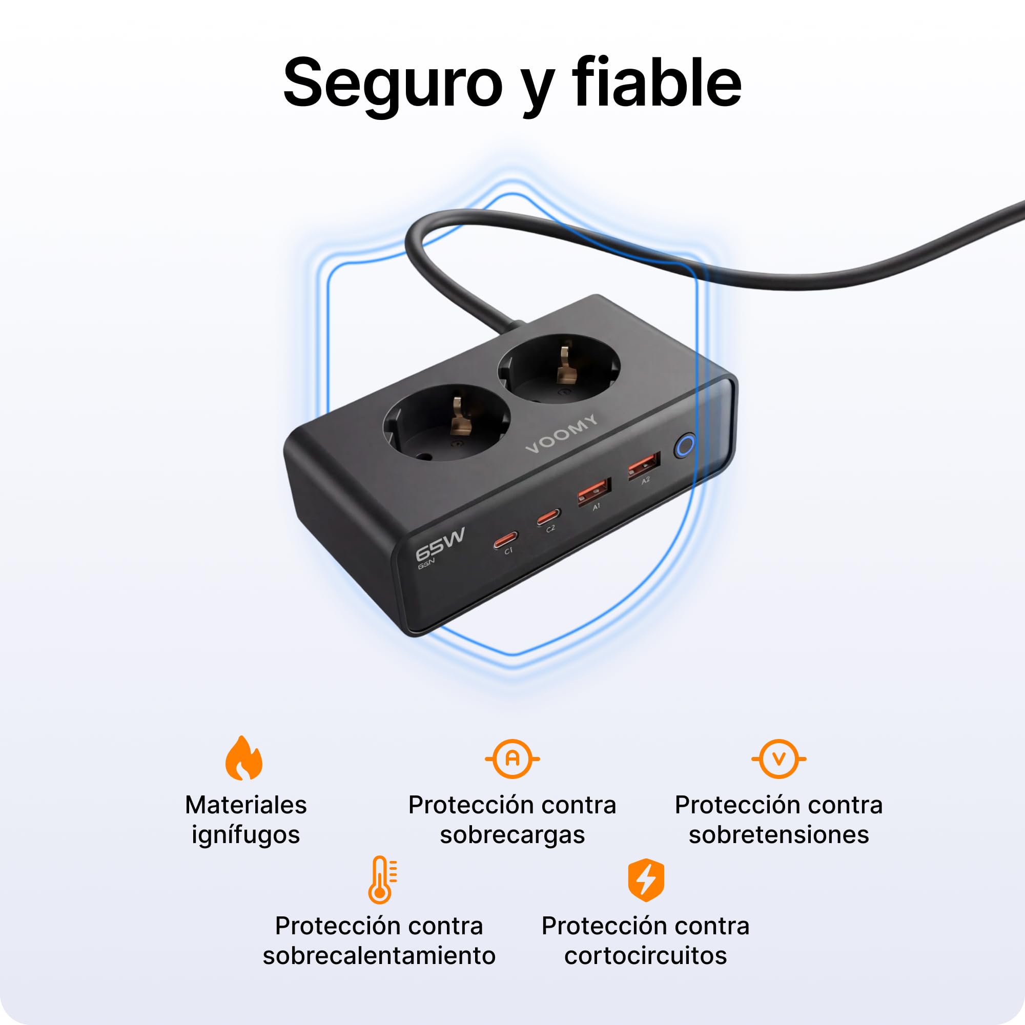 Voomy Regleta de Enchufes con Puertos USB de 65W, Protección contra Sobretensiones, Sobrecarga y Cortocircuito, Cierre de Seguridad, 2 Metros (Negro)
