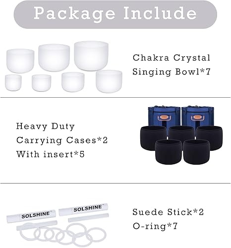 Miniatura 4 de SOLSHINE Juego de 7 tazones de cristal de 6 a 12 pulgadas para curación de sonido con 2 piezas de estuche de transporte gratuito y reparación de