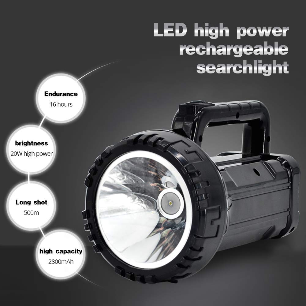 Akumulatorowa jasna latarka LED latarka 20W High Powered 500M szperacze Wbudowana bateria litowa 2800 Mah Dwa tryby pracy, latarka ręczna,