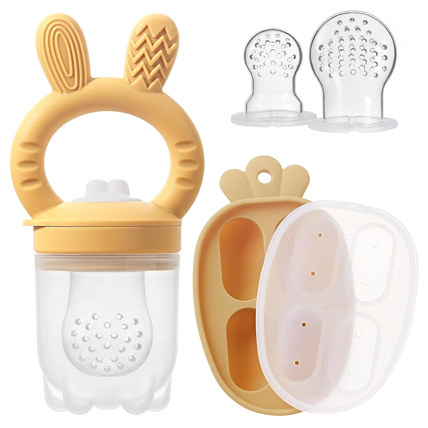 2 Packs Silicone Baby Fruit Feeder with Freezer Nibble Tray Combo, Baby Fresh & Frozen Food Feeder Popsicle Molds Includes Extra Food Pouches (Yellow)