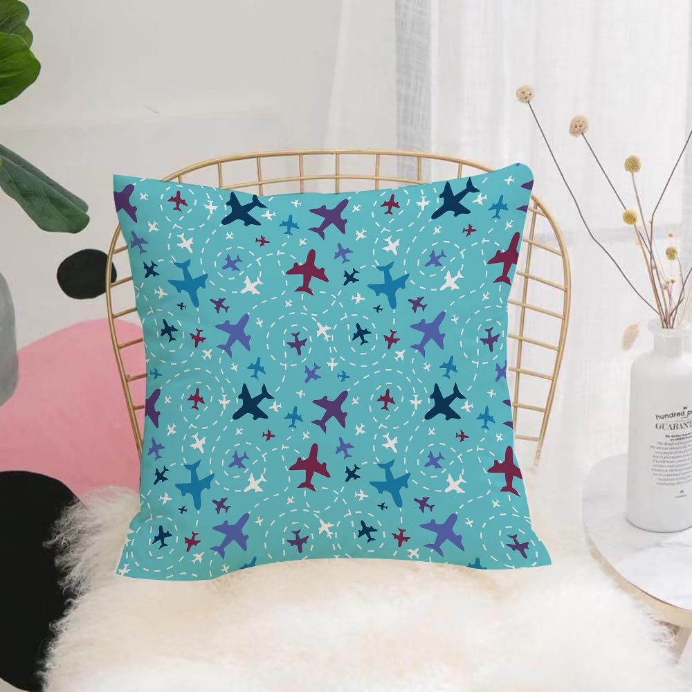 HYOSXW Cushion Cover,Throw Pillow Case Home Decorative for Living Room Bedroom Sofa Chair 16X16 Inch,Aviation theme, colorful cartoon airplanes on blue background,Pillowcase 40X40cm