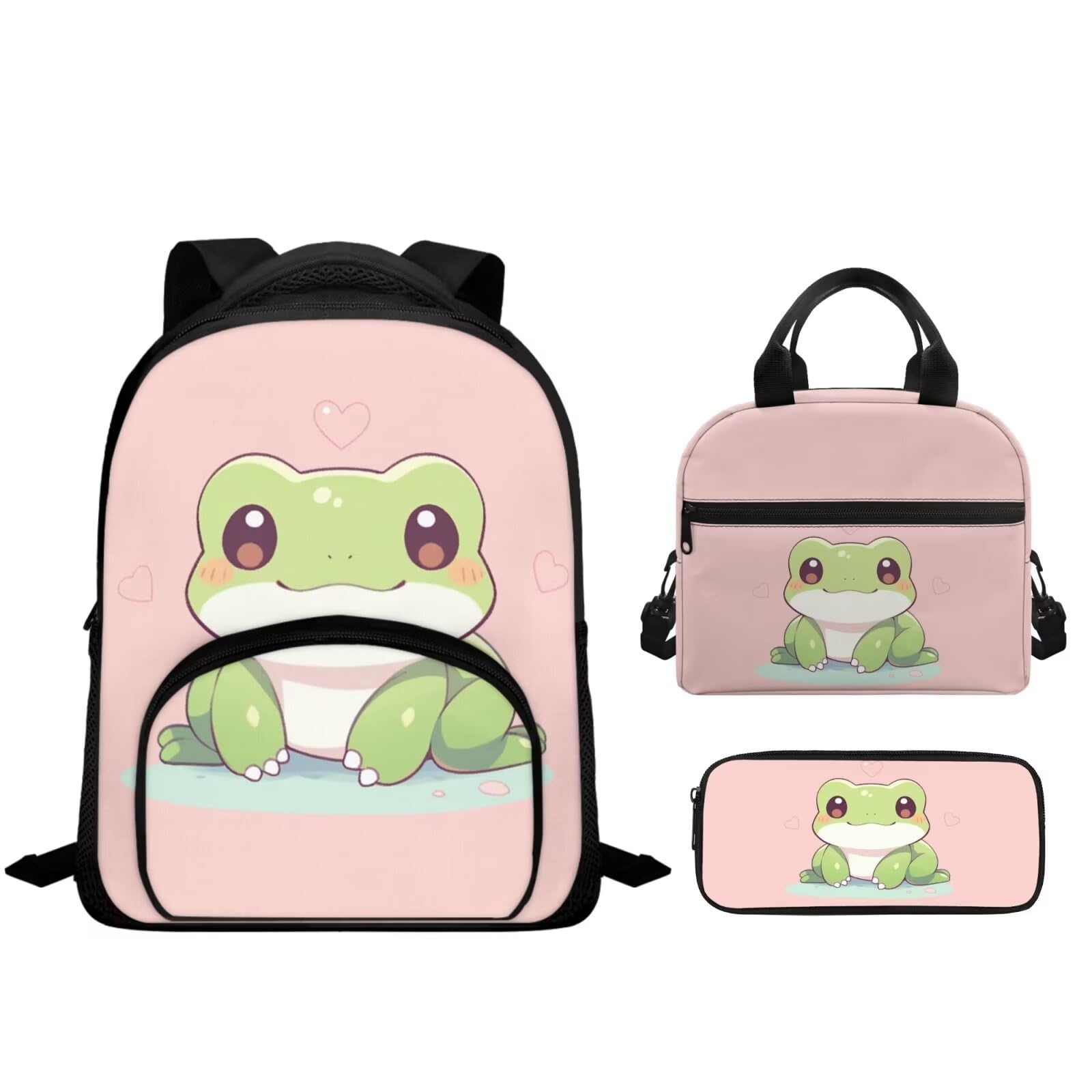Uppodwarkid Kids Backpacks Set 12 Inch Backpack for Girls Cute Kawaii Frog Lunch Bag with Carrying Straps Trendy Pencil Case for Pen Erasers