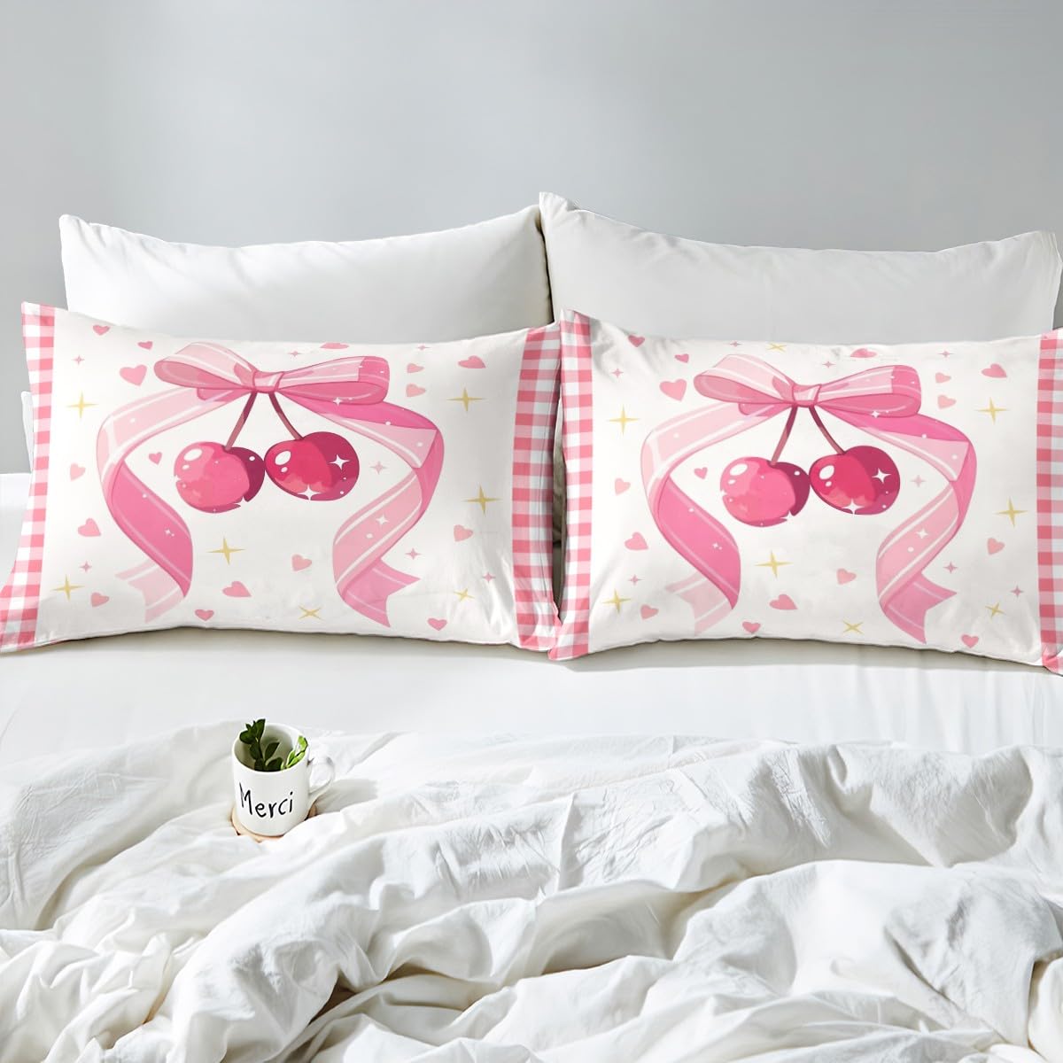 Homemissing Pink Bowknot Duvet Cover Set Cot Size For Kids Girls Toddler Women Cute Bow Cherry Bedding Set Love Heart Comforter Cover with 1 Pillowcase Dreamy Princess Style Beds Set - Image 4