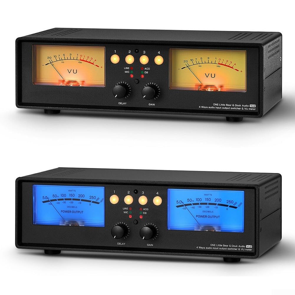 Indicador de nivel de sonido analógico dual VU caja de medidor con divisor de audio de 4 vías para RCA y entrada de micrófono para estudio de grabación (retroiluminación azul)