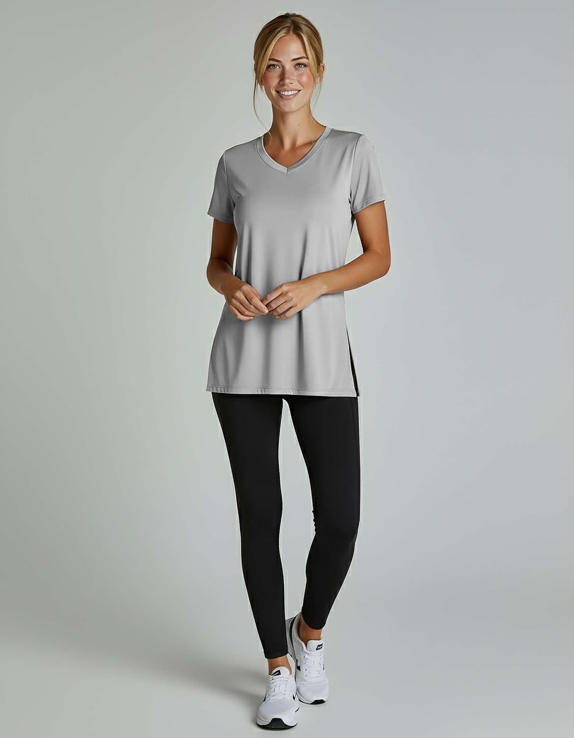 Real Essentials 5 Pack: Women's Short Sleeve Split Hem V-Neck T-Shirts, Athletic Tops, Gym, Workout, Yoga, Activewear (Plus)