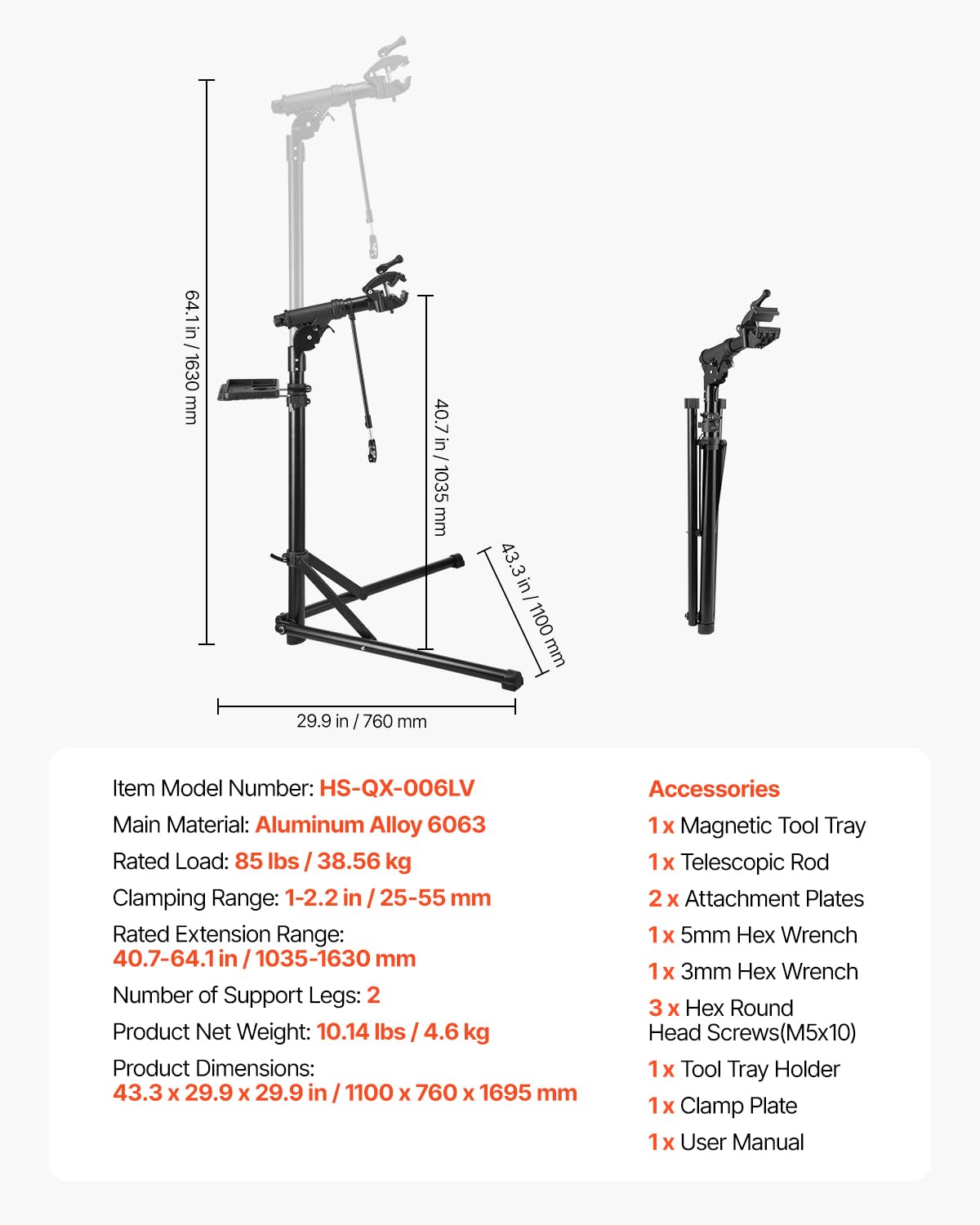 VEVOR Supporto per Riparazione Bici, da 37 kg con Altezza Regolabile da 102 a 162 cm e Vassoio Portautensili Magnetico, Supporto Pieghevole per Manutenzione Bici, per Meccanici da Casa