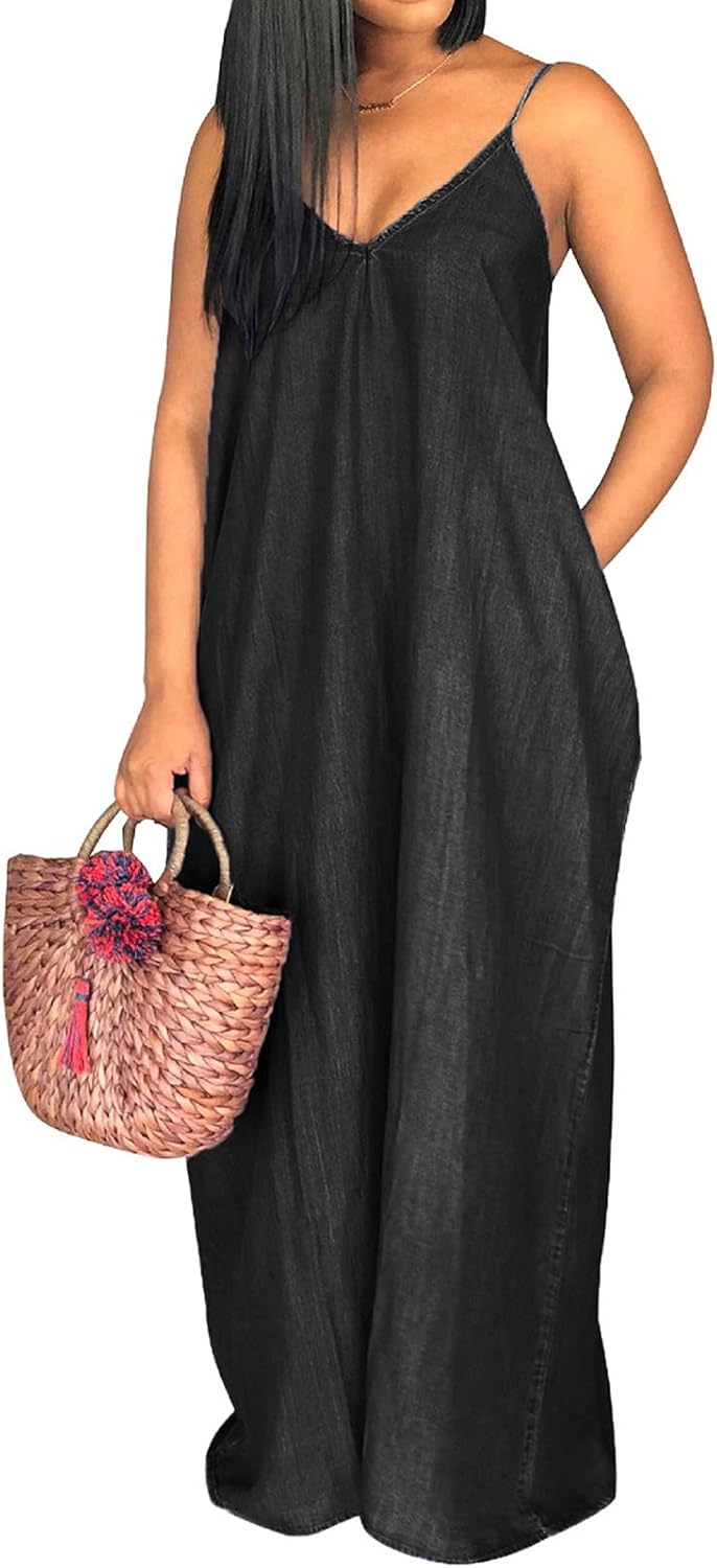 SeNight Women's Sexy Maxi Denim Dresses Casual Spaghetti Strap Striped Long Sundress Wiht Pockets