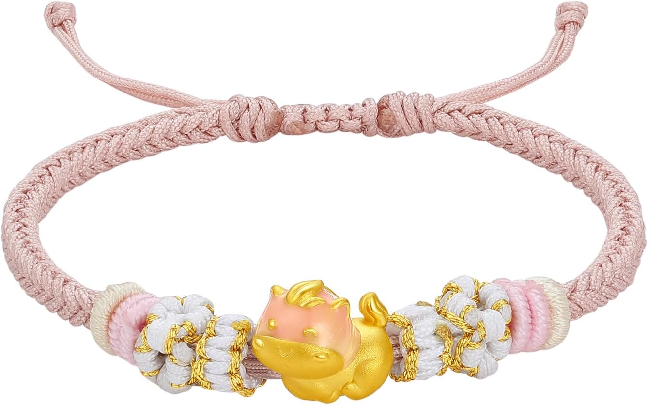 24K Gold Charm Bracelet Enamel Rat Mouse Bracelets 12 Chinese Zodiac Pink Braided Link Cute Animal Real Gold Jewelry for Women Daughter New Year Birthday Gifts 16+6cm/6.3+2.36"