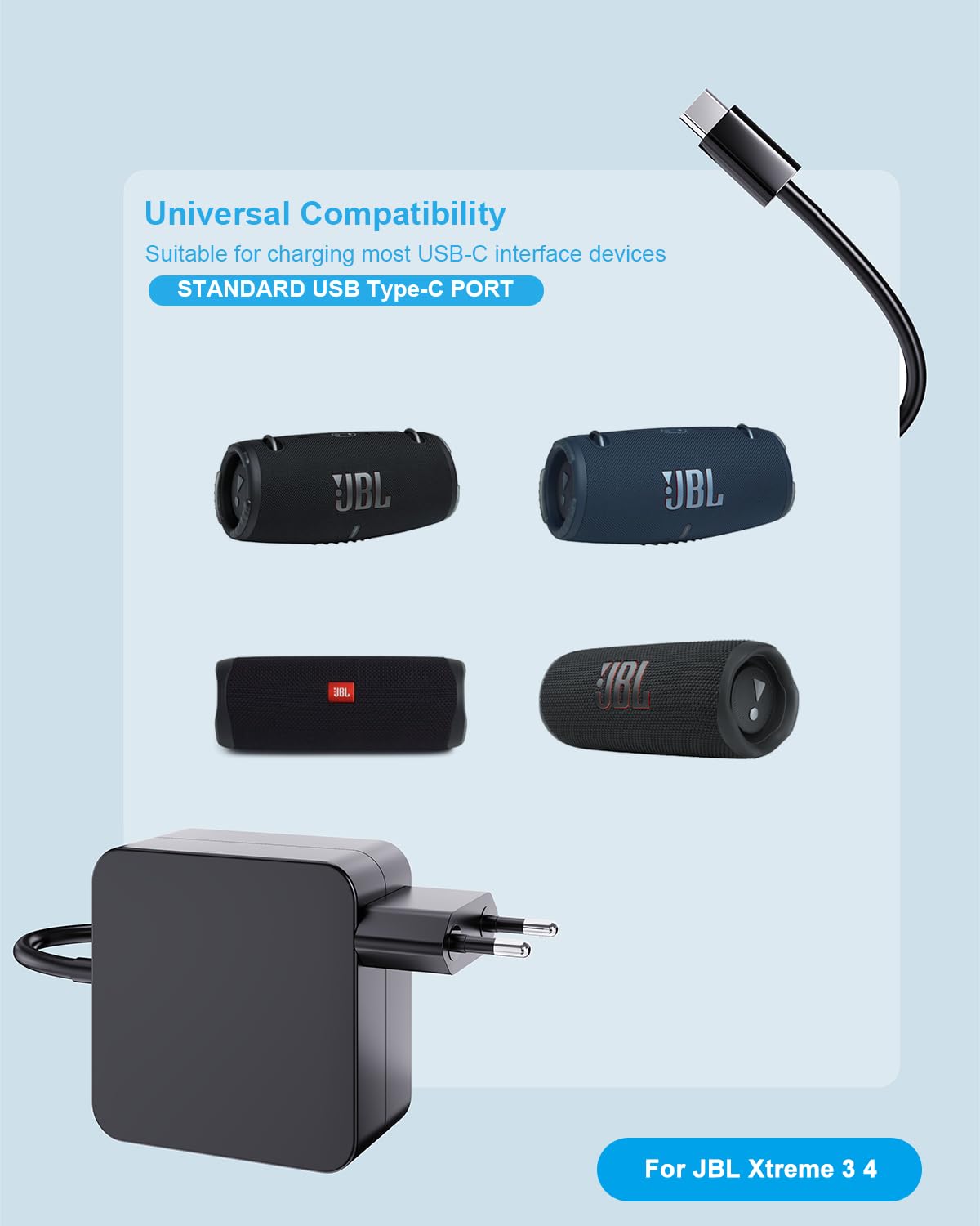 Zasilacz 65W USB C do JBL Xtreme 5/4/3 Charge 6/5/4 Extreme 3/4 Flip 5/6/7 | JBL Głośnik Bluetooth ładowarka USB-C Charger do JBL Laad 4/5/6, Pulse 4/5, Clip 4/5, GO 3/4