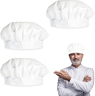 YFPOPONE Pack of 3 Cooking Chef's Hat, Unisex Chef's Hat, Men & Women, White Chef's Cap, Elastic Chef Hat, Chef Hat, Accessories Hat for Kitchen Clothing for Cooking, Grilling and Baking, White