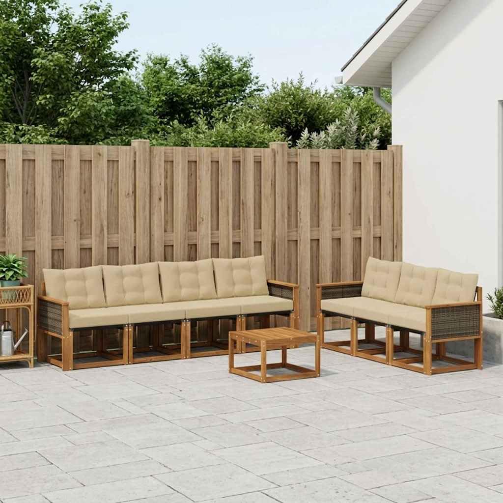 Gartensitzgruppe mit 8 Teilen aus massivem Akazienholz wetterfestes Design für Terrasse Balkon und Garten, inklusive Kissen, Tisch, Sofas und Stühlen, langlebig und pflegeleicht