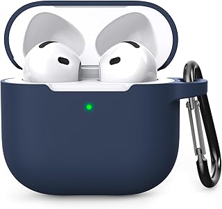 جراب حماية سيليكون مرن متوافق مع سماعات ايربودز الجيل الرابع 2024 من بويكسل، إكسسوارات جلدية مع حلقة مفاتيح لسماعات ايربودز 4، لون أزرق غامق
