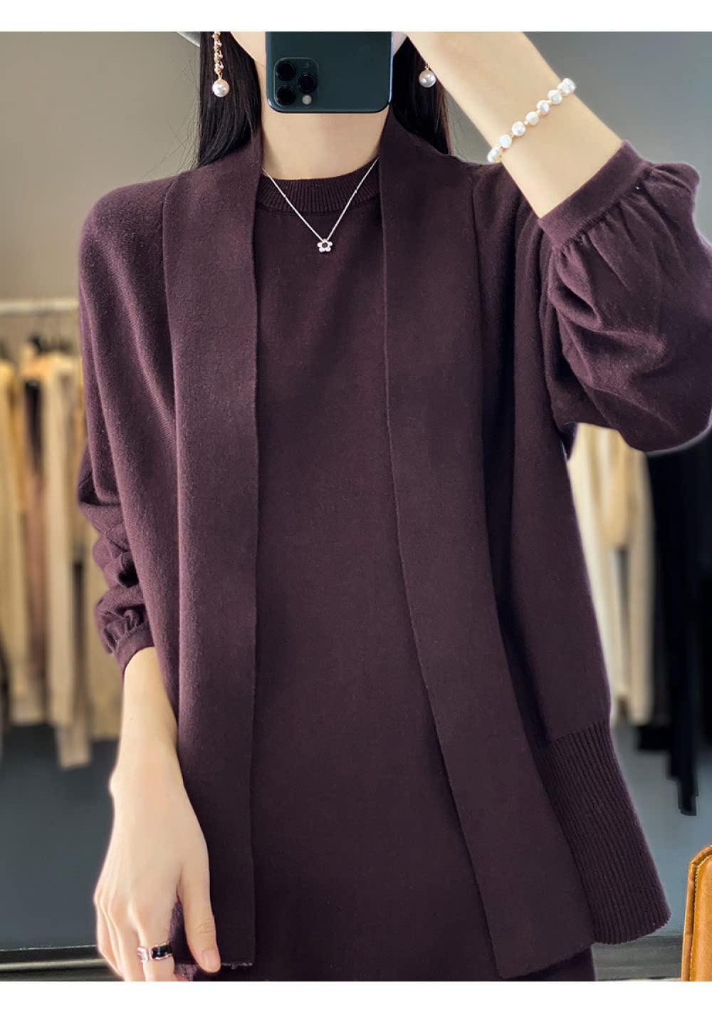 Cárdigan de Mujer Cárdigan de Punto de Algodón para Mujer Abrigo Suéter Liso Color Café Cárdigan Largo de Manga Farol Cárdigan Abierto por Delante Chaqueta de Punto Suelta de Primavera para Uso Diari