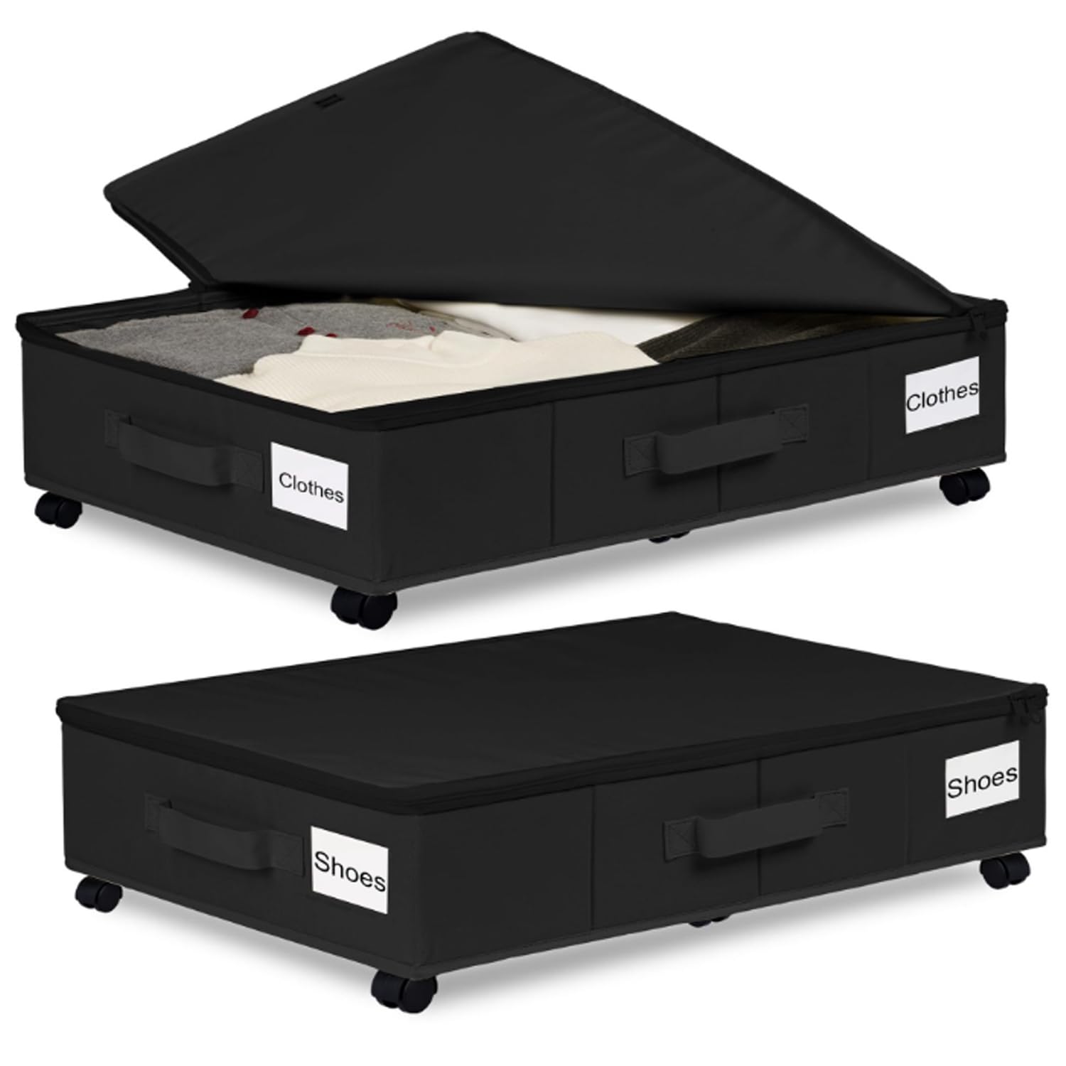2 contenitori sotto il letto, 50 l, pieghevole, con coperchio, con rotelle, rotazione a 360°, contenitore per vestiti, giocattoli, scarpe (nero)