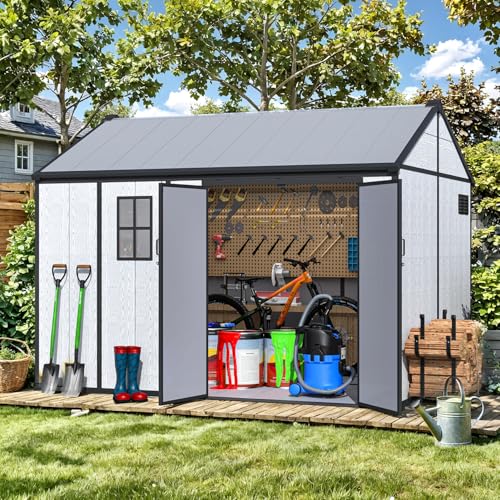 MELLCOM 10 x 8 FT Plastic Outdoor Storage Shed with Floor Plastic Outdoor Storage Tool Shed with Windows and Lockable Door Resin Garden Shed for Bike Pool Supply Lawnmower