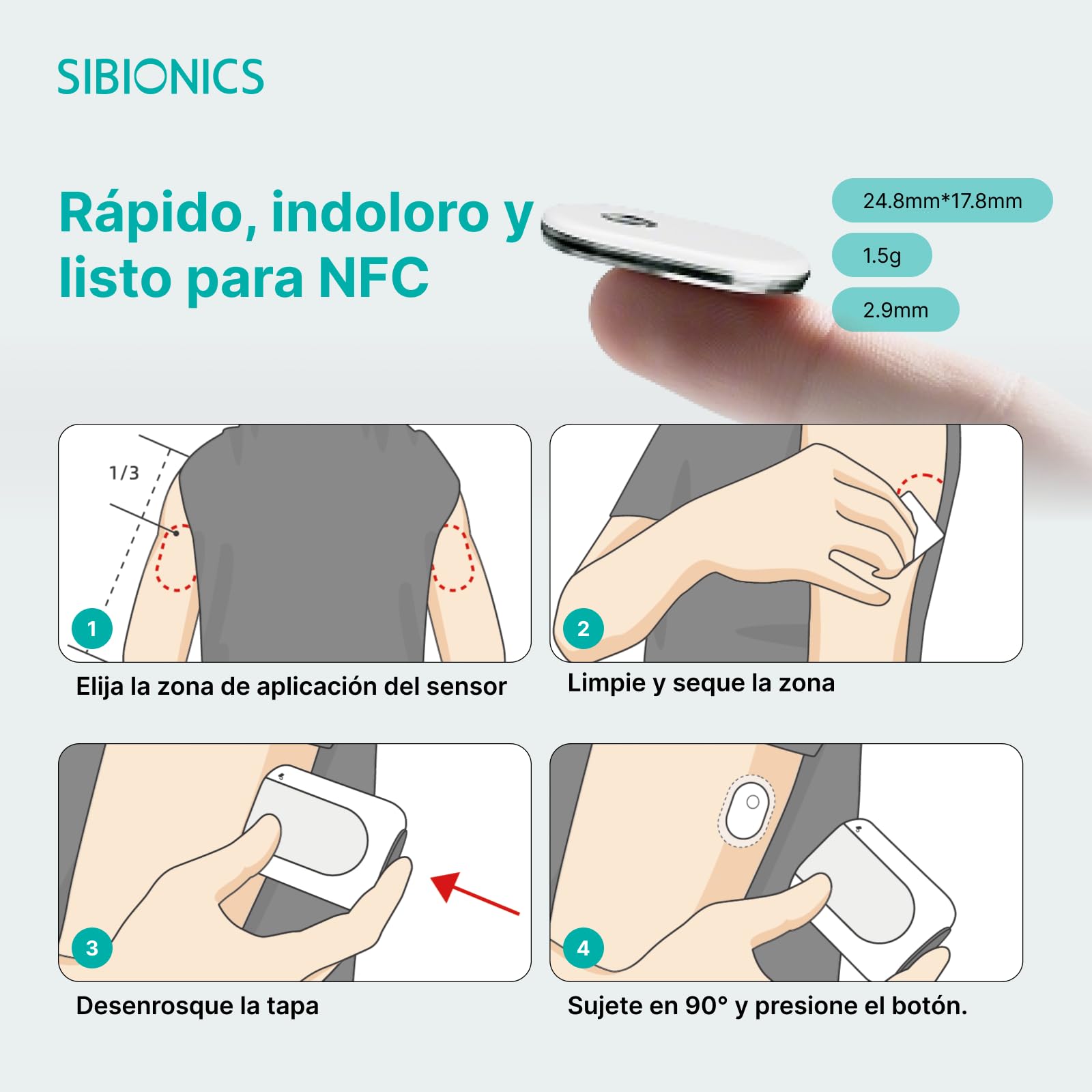 SIBIONICS GS3 Monitor Continuo de Glucosa - Sensor 14 Días con Parche | Sensor CGM con alarmas, análisis de comidas por IA y picos en tiempo real. Conexión NFC para iOS y Android.