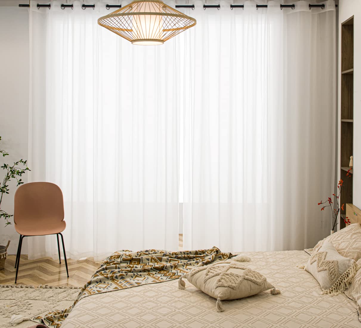 PI Sheer Cafe Curtains 108 Inches Long,Ring Top Hazy Aesthetic Window Draperies for Cafe/Restaurant 2 Panels (W52 X L108, Ivory)