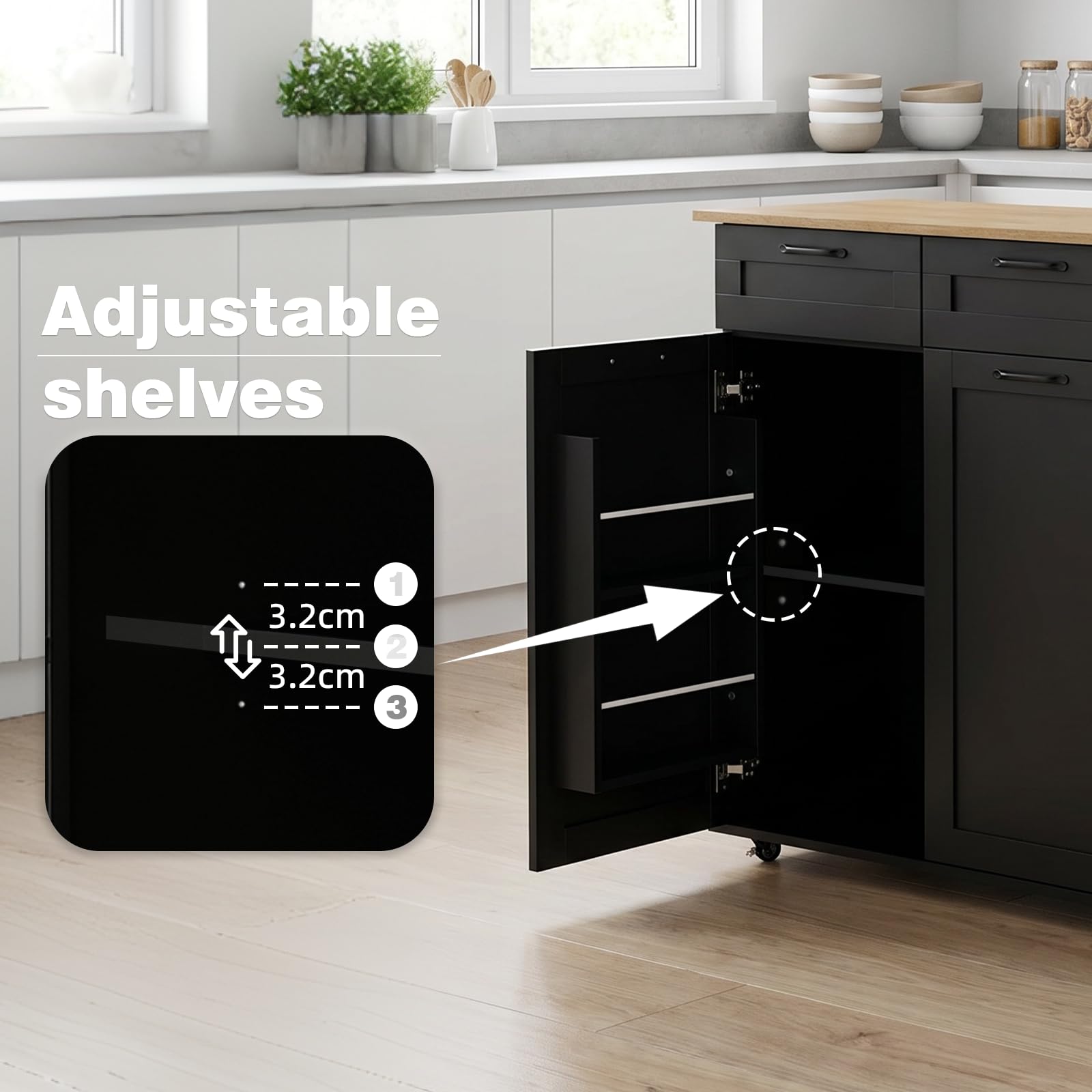 Carrello da Cucina con Ruote, Isola da Cucina con Piano Ribaltabile, Con Prese Elettriche e Porte USB, 119,5 x 74 x 94 cm, Carrello Salvaspazio per Cucina e Soggiorno, Nero