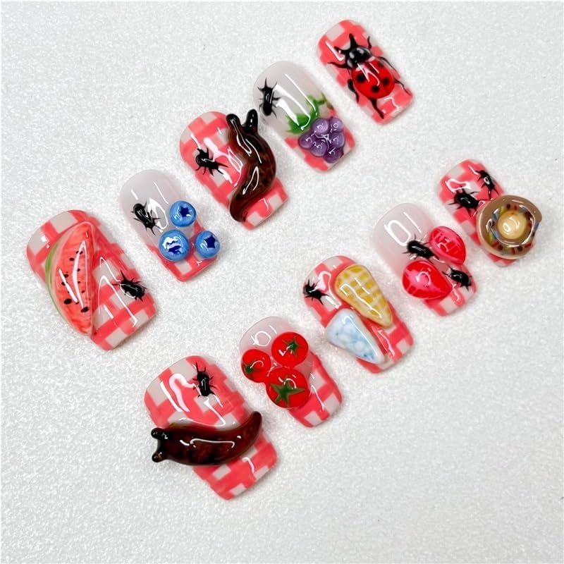 短い台形のつけ爪、3Dエンボス加工のフルーツシリーズ、オシドリのかわいいネイルアートパッチ、夏のパーティーにぴったりのネイル(M)