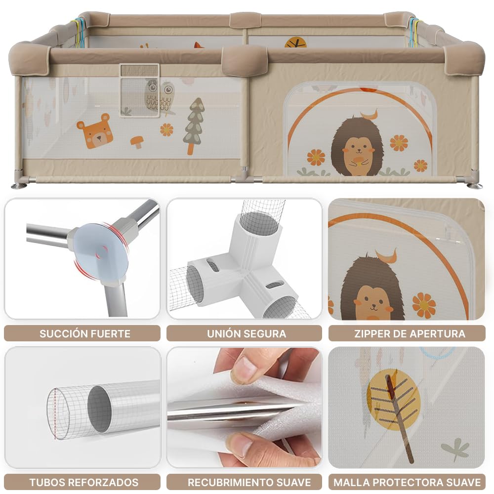 SELVA 150 x 180 – Corralino per bambini con rete di animali traspirante – Corral pieghevole Baby antiscivolo – Tappeto imbottito + 2 anelli (150 x 180 cm, foresta)