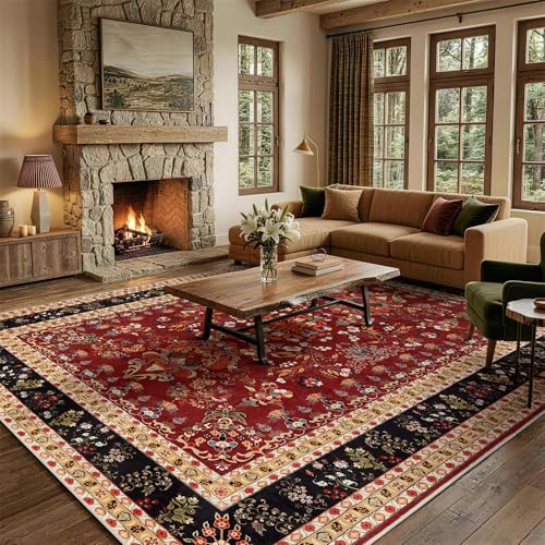 Image of LIANLAM Washable Area Rug with Vintage Style for for Living Room(8x10,Red) | Low-pile stain-resistant rug, OEKO-TEX certified, non-slip backing, fully machine washable for family use for Bedroom