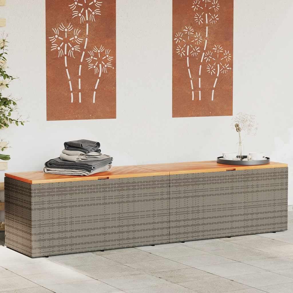 Coffre de jardin gris 220 x 50 x 54 cm en polyrotin avec plateau de table en bois d'acacia, boîte de rangement résistante aux intempéries avec fonction assise et espace de rangement pour balcon
