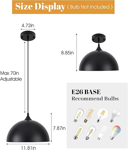 Miniatura 2 de Lámpara colgante negra, 11.8 pulgadas, cúpula industrial, isla de cocina, lámpara colgante ajustable de granja para comedor, dormitorio,
