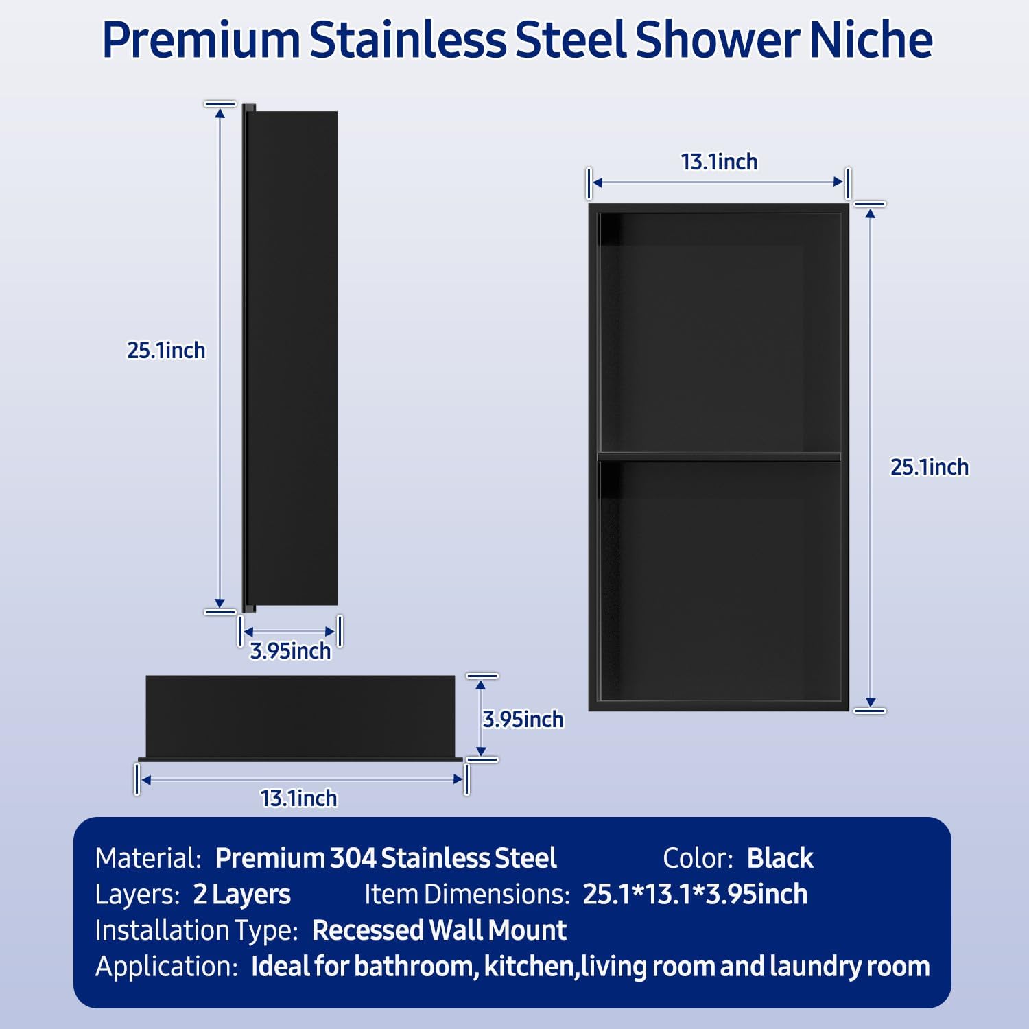 NLShan Shower Niche No Tile Needed: Recessed and Stainless Steel Wall Niche with Double Shelves - Easy Installation for Shower Storage.