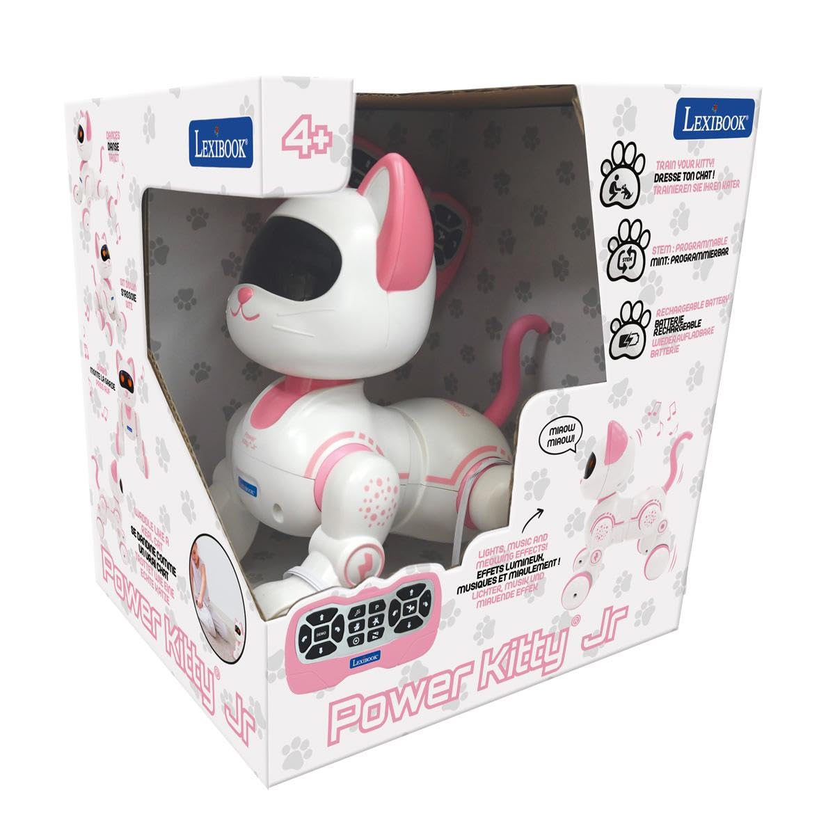 Lexibook, Power Kitty Jr., Gatto telecomandato da addestrare, Si dimena Come Un Vero Gatto, Occhi interattivi, STEM programmabile, Batteria Ricaricabile, Rosa/Bianco, KIT01LXB