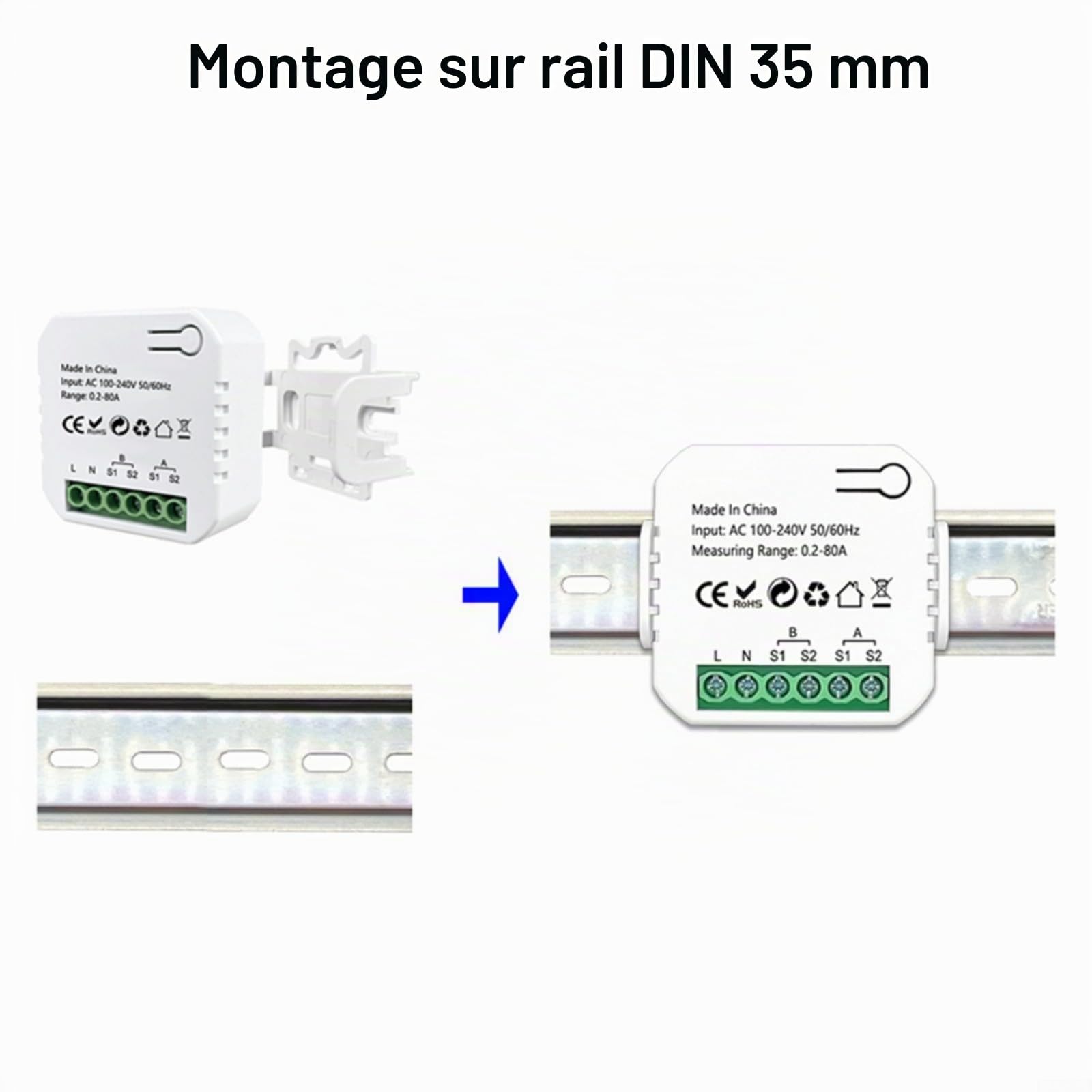 Zigbee Smart Energy Meter, pour compteur d'énergie TUYA 80A 2 canaux bidirectionnels, moniteur d'électricité avec 2 pinces pour l'alimentation en temps réel, mesure de la tension actuelle pour la
