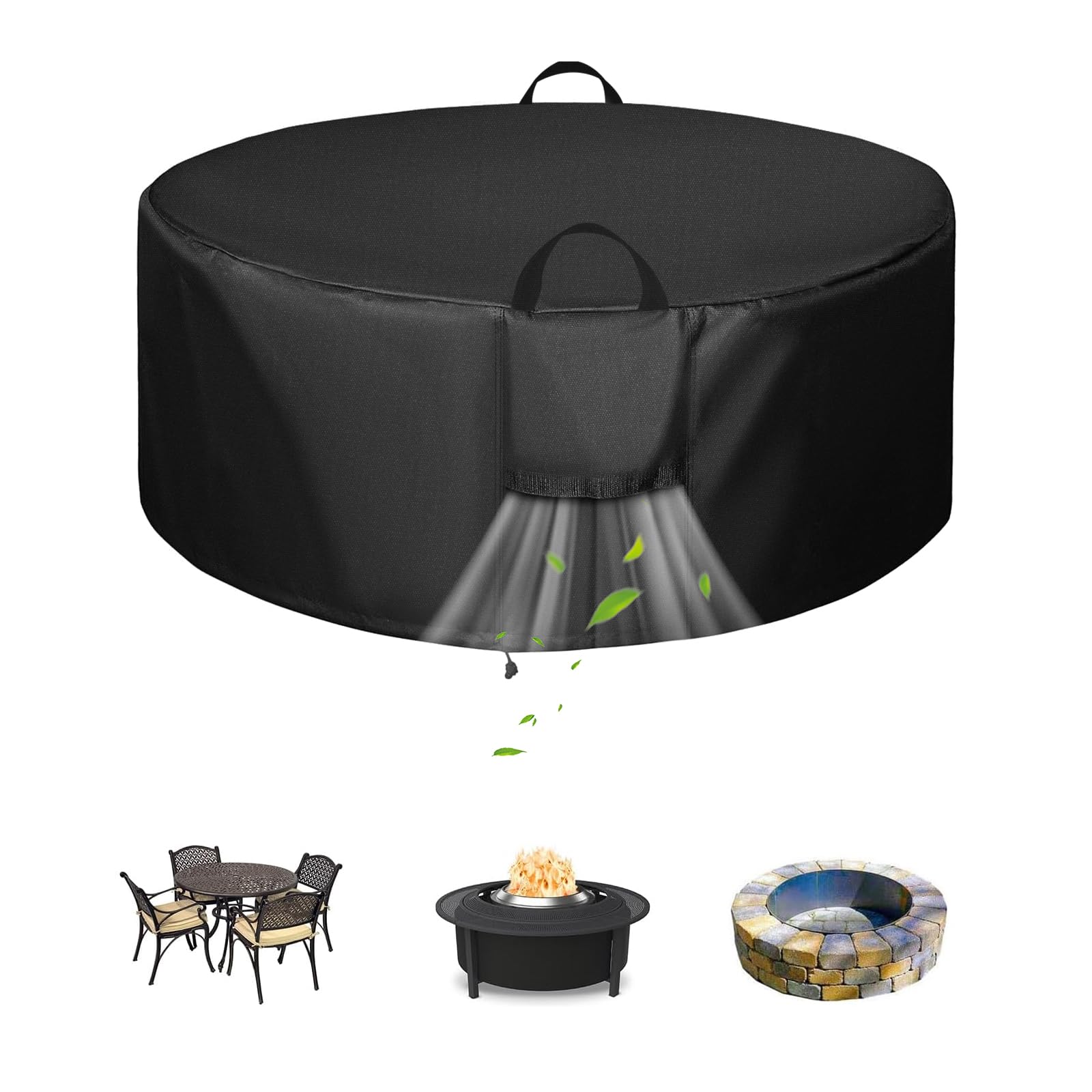 Outdoor Fire Pit Cover for 52-60 inch Fire Pit, 60"Dia x 28"H 600D Heavy Duty Waterproof Patio Table Cover 2ith Handle & Tightening Drawstring, Dustproof Anti UV Outdoor Covers