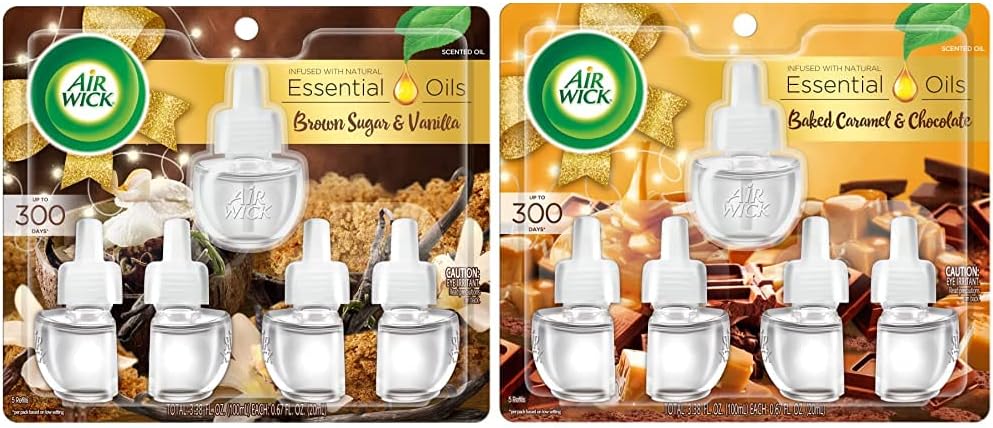 Air Wick Plug in Scented Oil 5 Refills, Brown Sugar and Vanilla, Fall Scent, Fall Spray, 0.67 Fl Oz (Pack of 5) and Plug in Scented Oil 5 Refills, Baked Caramel and Chocolate