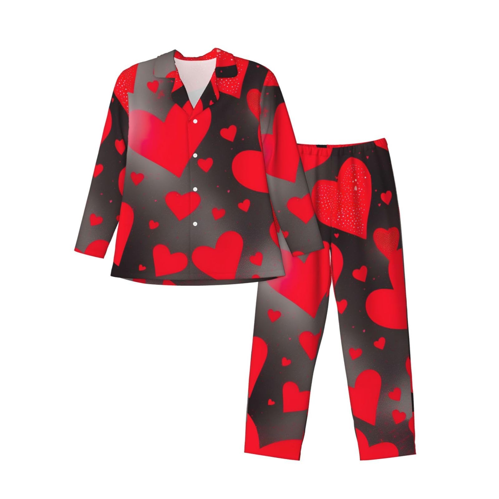 Herren-Pyjama-Set mit roten Herzen, Feuerwerk-Druck, langärmelig, zweiteilig, Hauskleidung, bequeme Nachtwäsche