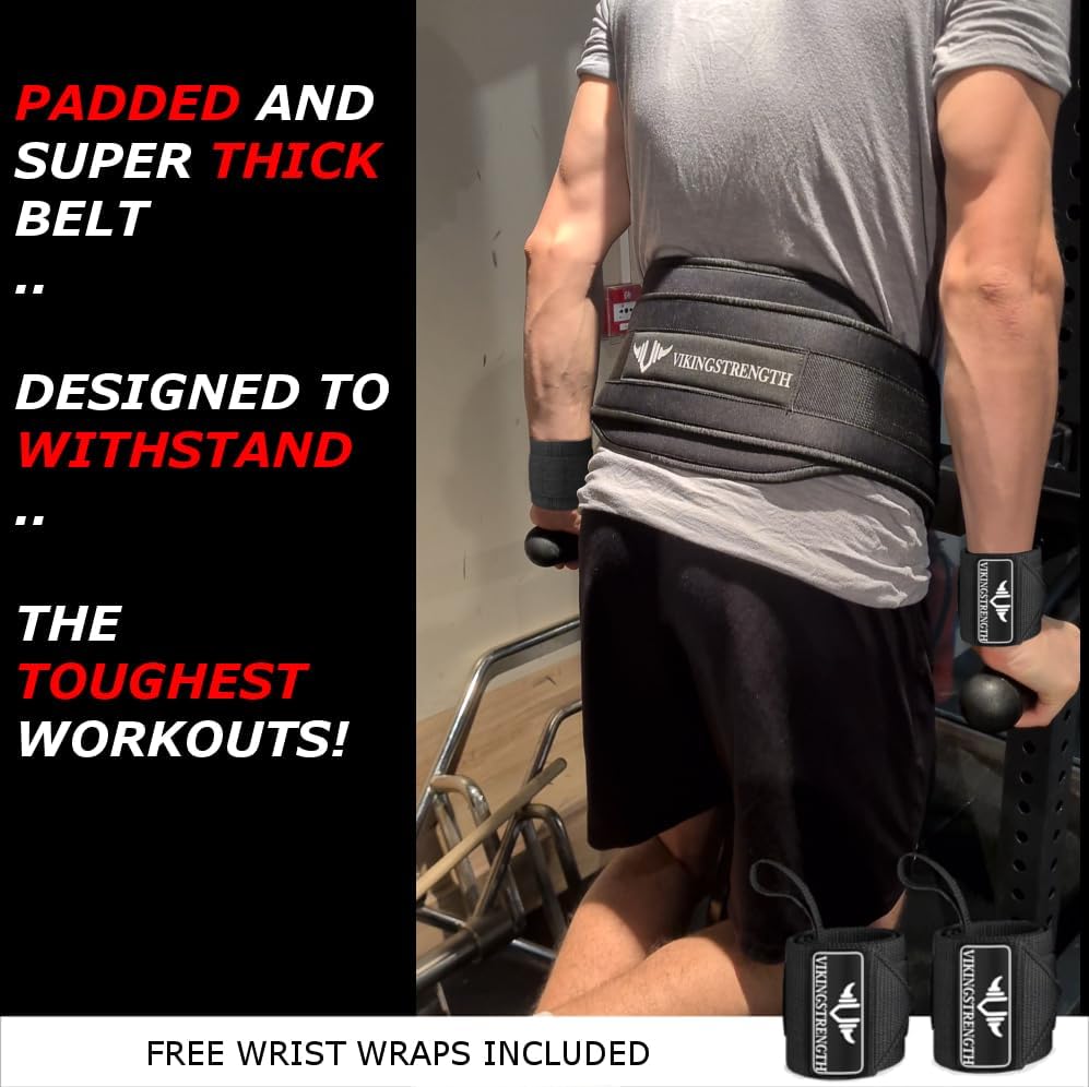 Miniatura 2 de Vikingstrength Cinturón de inmersión para levantamiento de pesas, incluyendo muñequeras. Cinturón acolchado de alta calidad con cadena larga para