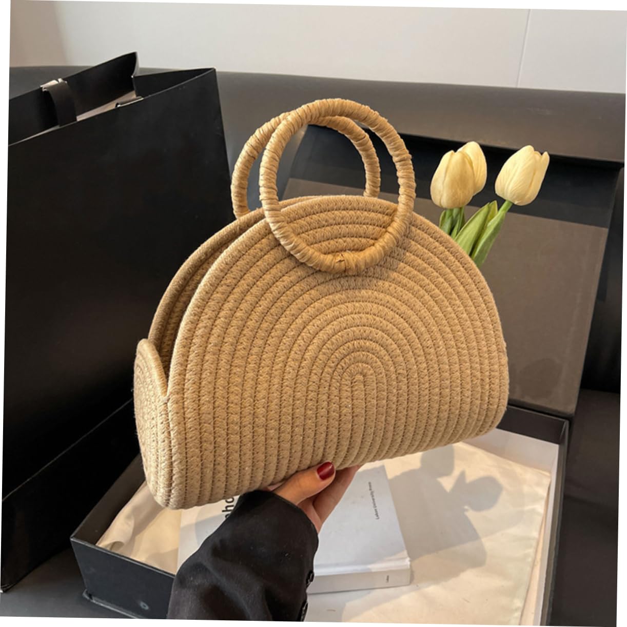 IMIKEYA Borsa Intrecciata in Corda di Cotone Khaki Portatile per l'Estate Grande Capacità e Design Rustico per Mare