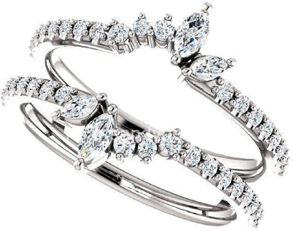 925 Sterling Silver Marquise & Round Cut White Diamond Double Row Engagement Wedding Enhancer Wrap Ring Guard for Women's In 14K White Gold Finish